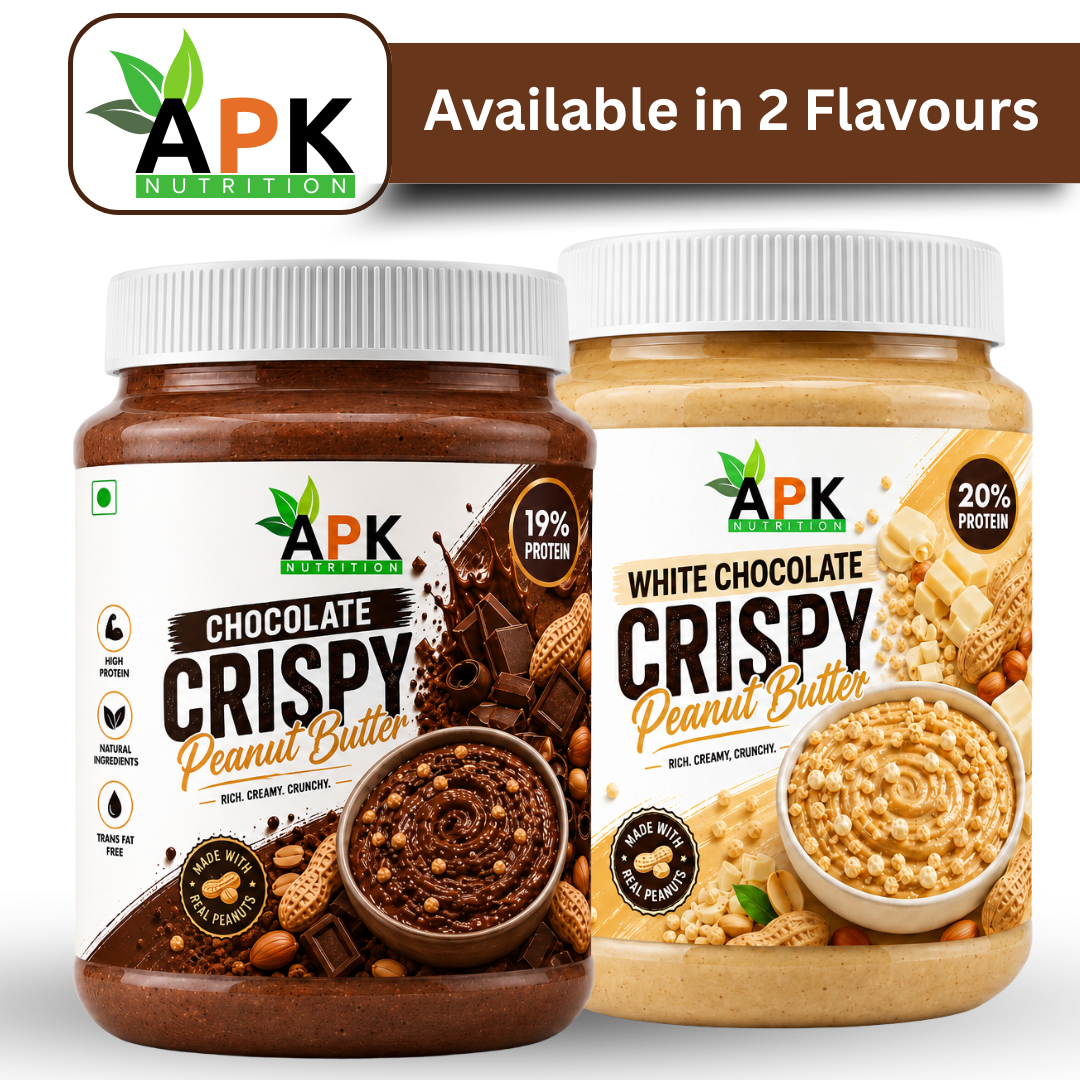 APK Nutrition 100g White Chocolate Crispy Peanut Butter jar label showing nutritional facts, ingredients, and a bowl of crunchy peanut butter with white chocolate chunks.