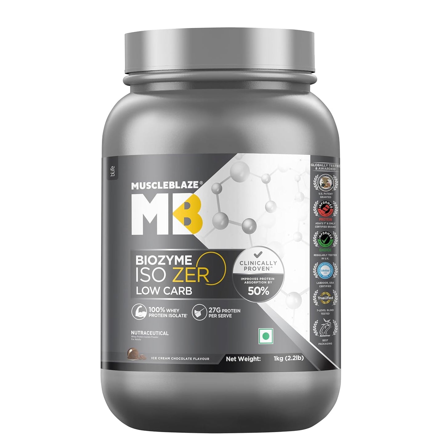 MuscleBlaze Biozyme Iso-Zero - Ice Cream Chocolate - 1kg