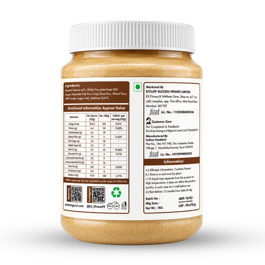 APK Nutrition 1kg White Chocolate Crispy Peanut Butter jar featuring dark chocolate chunks, whole peanuts, a 19% protein claim, and a family enjoying healthy snacks.