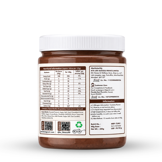 APK Nutrition 340g Chocolate Crispy Peanut Butter jar featuring dark chocolate chunks, whole peanuts, a 19% protein claim, and a family enjoying healthy snacks.