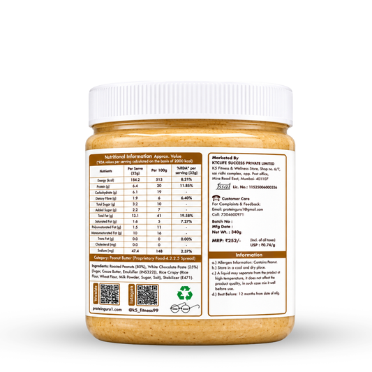 APK Nutrition 340g White Chocolate Crispy Peanut Butter jar label showing nutritional facts, ingredients, and a bowl of crunchy peanut butter with white chocolate chunks.