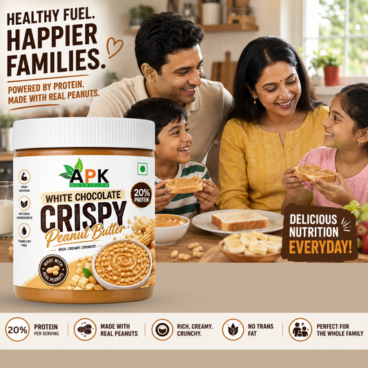 APK Nutrition 340g White Chocolate Crispy Peanut Butter jar label showing nutritional facts, ingredients, and a bowl of crunchy peanut butter with white chocolate chunks.