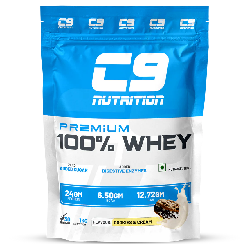 C9 Nutrition Premium 100% Whey Protein 1kg pack in Cookies and Cream flavor