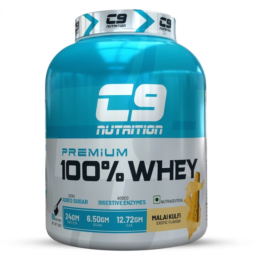 C9 Nutrition Premium 100% Whey Protein 2kg large pack in traditional Malai Kulfi flavor