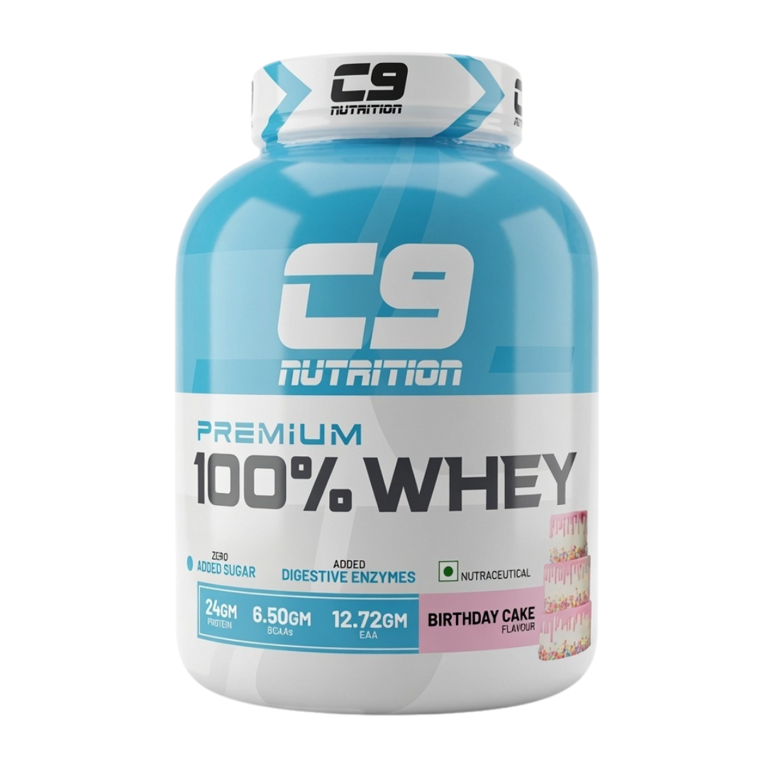 C9 Nutrition Premium 100% Whey Protein 2kg value pack in festive Birthday Cake flavor