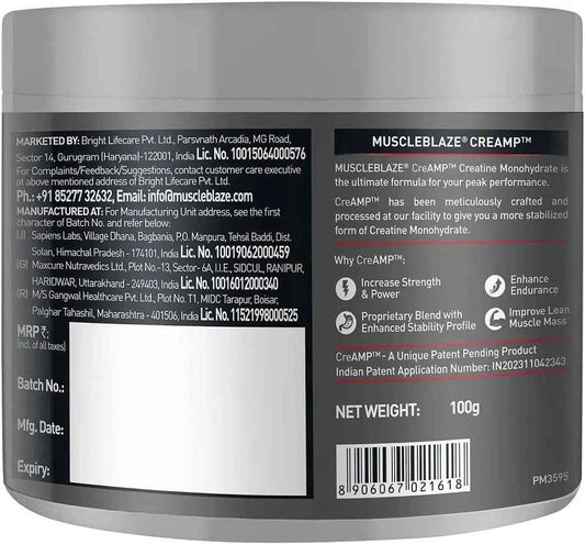 MuscleBlaze CreAMP™ Creatine Monohydrate Powder – Unflavoured (100g)
