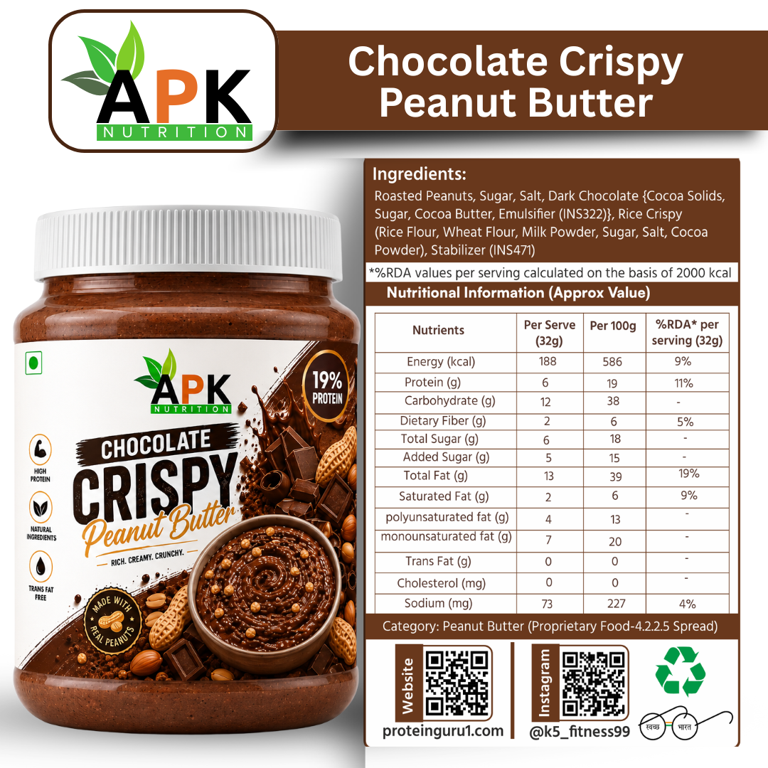 APK Nutrition 340g Chocolate Crispy Peanut Butter jar featuring dark chocolate chunks, whole peanuts, a 19% protein claim, and a family enjoying healthy snacks.