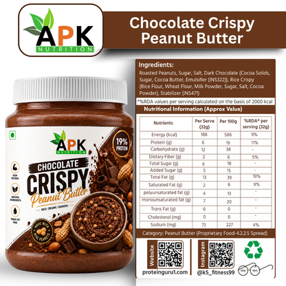 APK Nutrition 340g Chocolate Crispy Peanut Butter jar featuring dark chocolate chunks, whole peanuts, a 19% protein claim, and a family enjoying healthy snacks.
