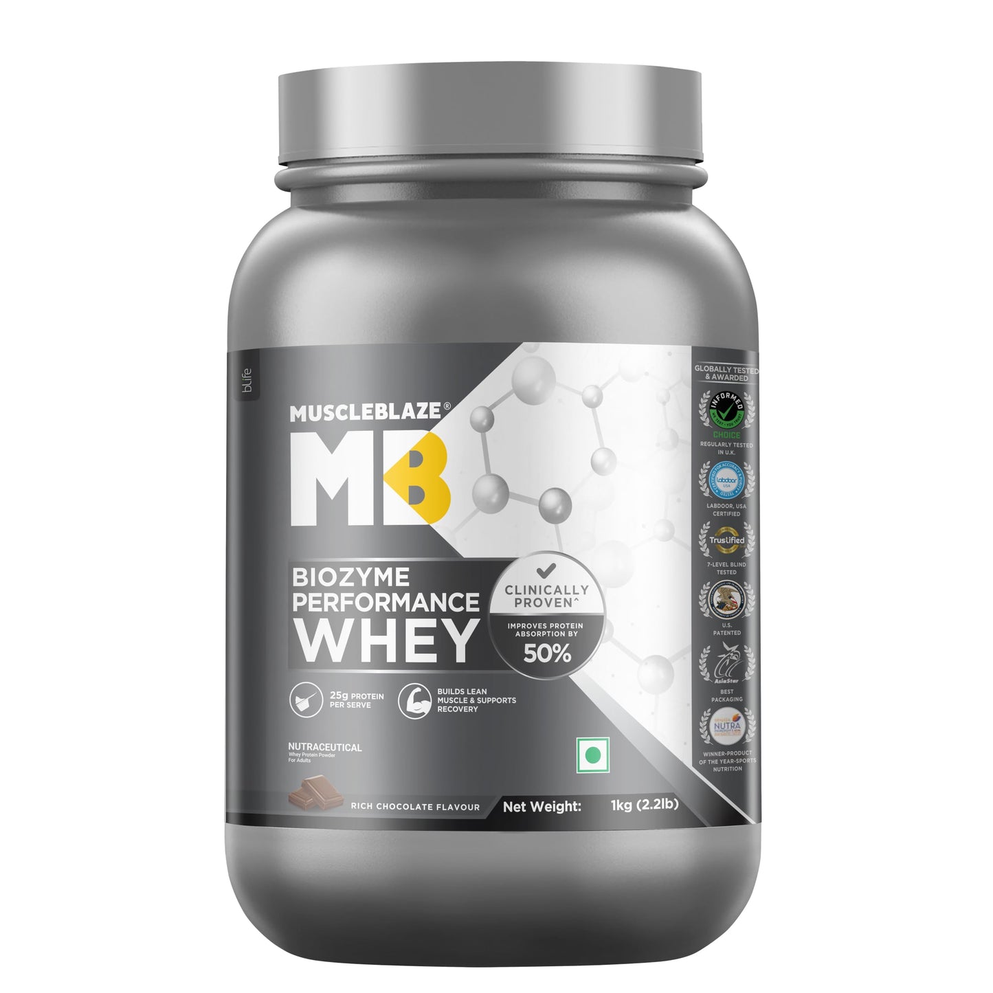 MuscleBlaze Biozyme Performance Whey | 1Kg | Rich Chocolate