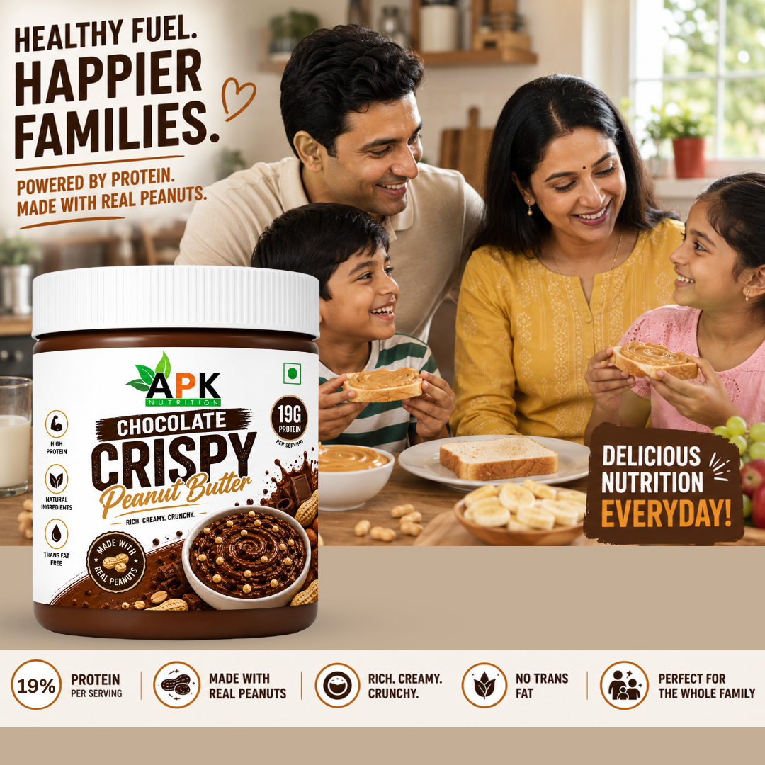 APK Nutrition 340g Chocolate Crispy Peanut Butter jar featuring dark chocolate chunks, whole peanuts, a 19% protein claim, and a family enjoying healthy snacks.