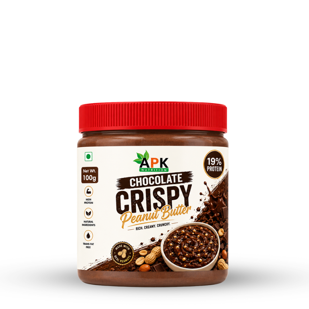 APK Nutrition 100g Chocolate Crispy Peanut Butter jar featuring dark chocolate chunks, whole peanuts, a 19% protein claim, and a family enjoying healthy snacks.