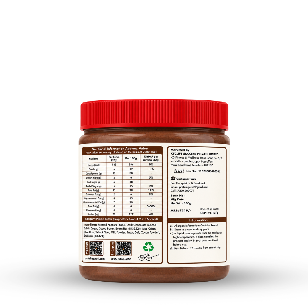 APK Nutrition 100g Chocolate Crispy Peanut Butter jar featuring dark chocolate chunks, whole peanuts, a 19% protein claim, and a family enjoying healthy snacks.
