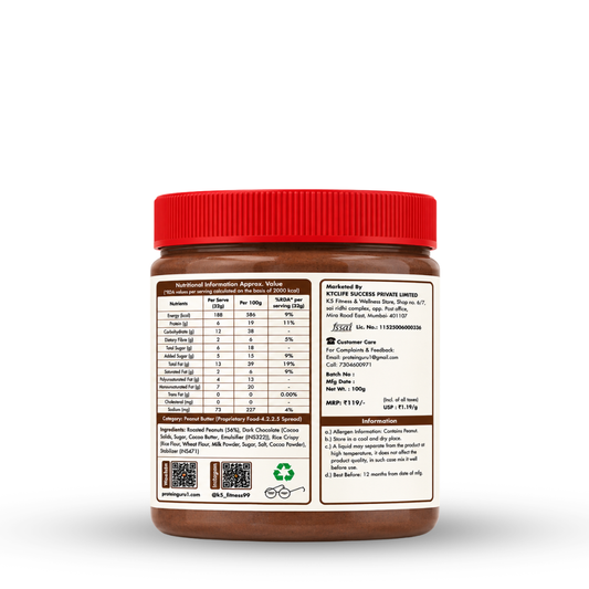 APK Nutrition 100g Chocolate Crispy Peanut Butter jar featuring dark chocolate chunks, whole peanuts, a 19% protein claim, and a family enjoying healthy snacks.