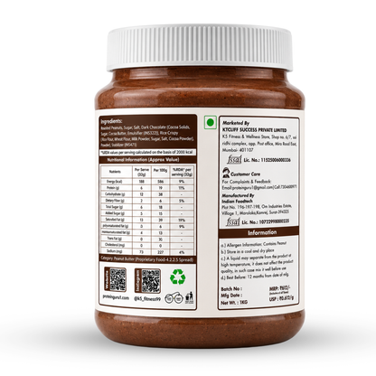 APK Nutrition 1kg Chocolate Crispy Peanut Butter jar featuring dark chocolate chunks, whole peanuts, a 19% protein claim, and a family enjoying healthy snacks.