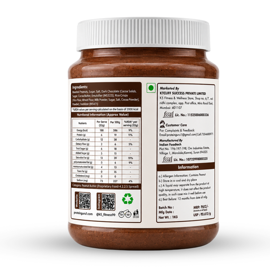 APK Nutrition 1kg Chocolate Crispy Peanut Butter jar featuring dark chocolate chunks, whole peanuts, a 19% protein claim, and a family enjoying healthy snacks.