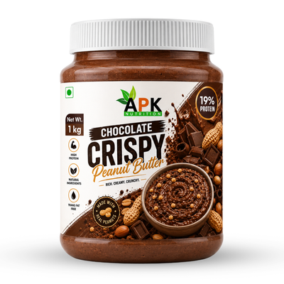 APK Nutrition 1kg Chocolate Crispy Peanut Butter jar featuring dark chocolate chunks, whole peanuts, a 19% protein claim, and a family enjoying healthy snacks.