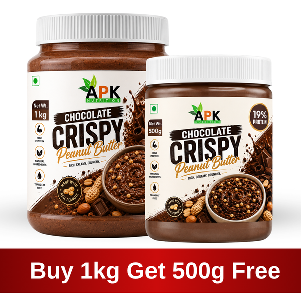 APK Nutrition 1kg Chocolate Crispy Peanut Butter jar featuring dark chocolate chunks, whole peanuts, a 19% protein claim, and a family enjoying healthy snacks.