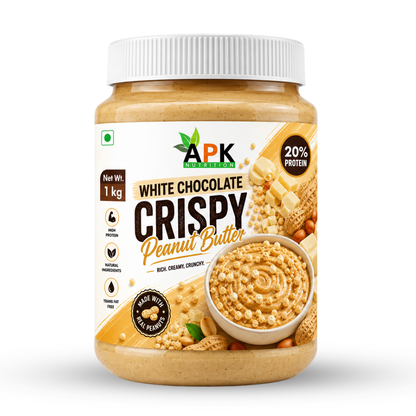 APK Nutrition 1kg White Chocolate Crispy Peanut Butter jar featuring dark chocolate chunks, whole peanuts, a 19% protein claim, and a family enjoying healthy snacks.
