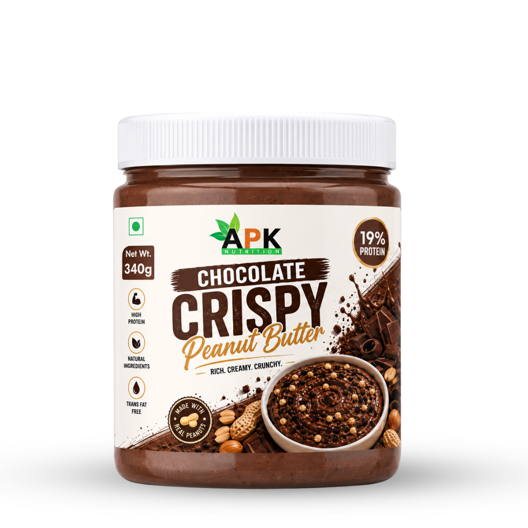 APK Nutrition 340g Chocolate Crispy Peanut Butter jar featuring dark chocolate chunks, whole peanuts, a 19% protein claim, and a family enjoying healthy snacks.