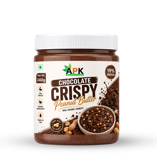 APK Nutrition 340g Chocolate Crispy Peanut Butter jar featuring dark chocolate chunks, whole peanuts, a 19% protein claim, and a family enjoying healthy snacks.