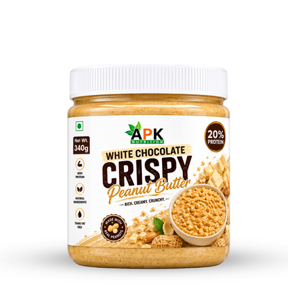 APK Nutrition 340g White Chocolate Crispy Peanut Butter jar label showing nutritional facts, ingredients, and a bowl of crunchy peanut butter with white chocolate chunks.