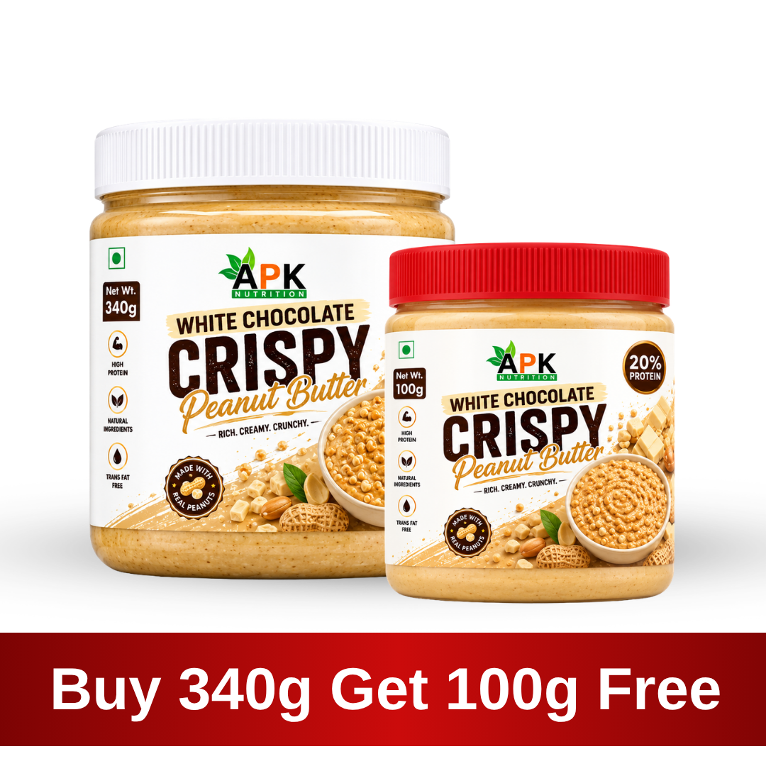 APK Nutrition 340g White Chocolate Crispy Peanut Butter jar label showing nutritional facts, ingredients, and a bowl of crunchy peanut butter with white chocolate chunks.