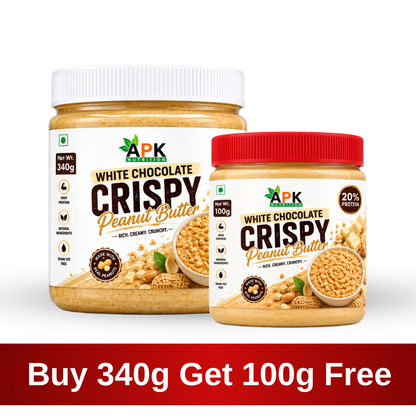 APK Nutrition 340g White Chocolate Crispy Peanut Butter jar label showing nutritional facts, ingredients, and a bowl of crunchy peanut butter with white chocolate chunks.