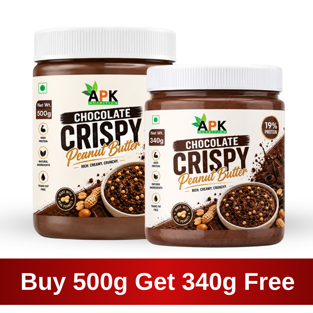 APK Nutrition 500g Chocolate Crispy Peanut Butter jar featuring dark chocolate chunks, whole peanuts, a 19% protein claim, and a family enjoying healthy snacks.