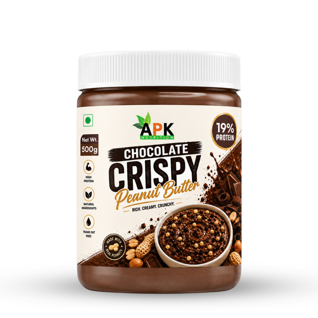 APK Nutrition 500g Chocolate Crispy Peanut Butter jar featuring dark chocolate chunks, whole peanuts, a 19% protein claim, and a family enjoying healthy snacks.