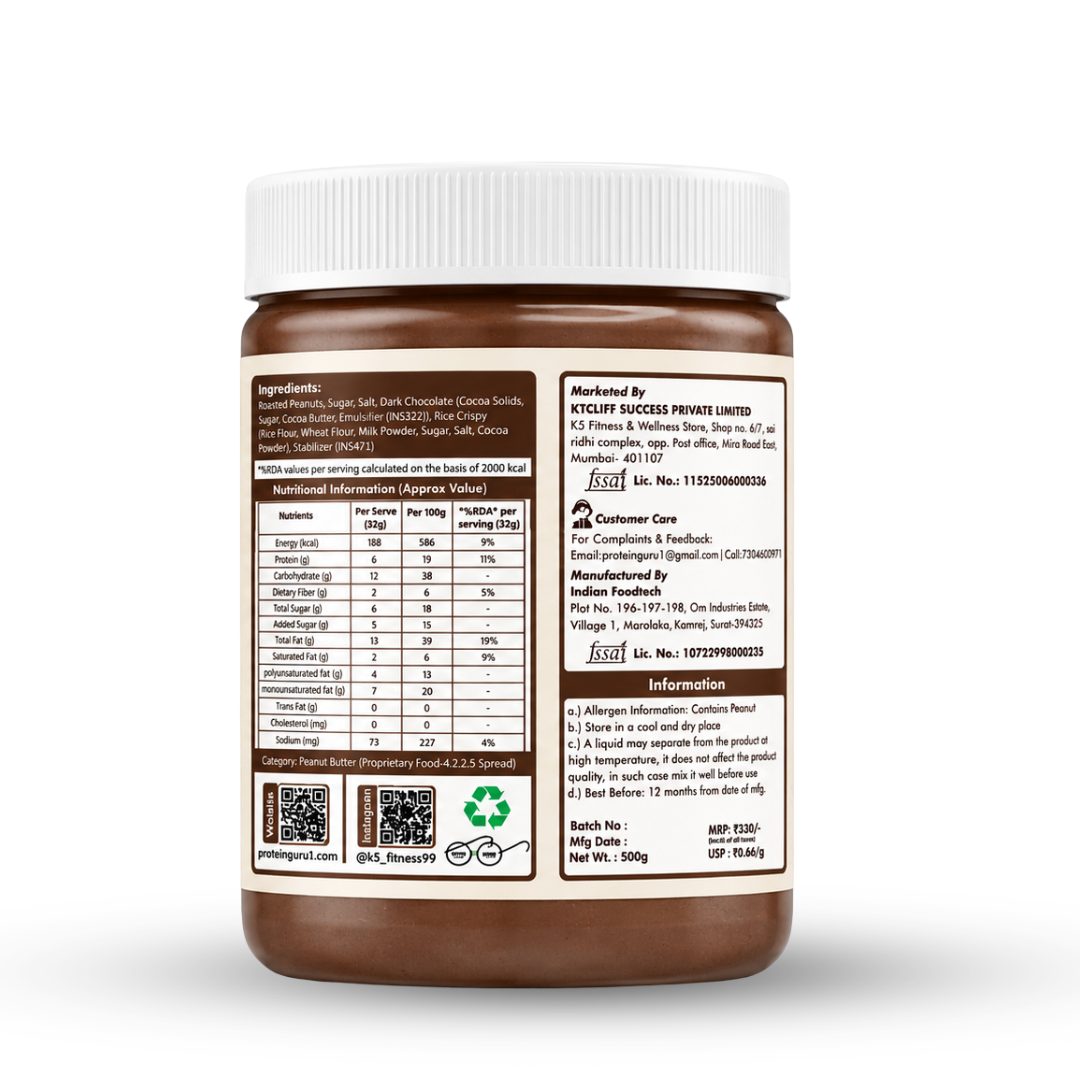 APK Nutrition 500g Chocolate Crispy Peanut Butter jar featuring dark chocolate chunks, whole peanuts, a 19% protein claim, and a family enjoying healthy snacks.