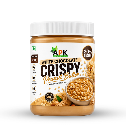 APK Nutrition 500g White Chocolate Crispy Peanut Butter jar featuring dark chocolate chunks, whole peanuts, a 19% protein claim, and a family enjoying healthy snacks.