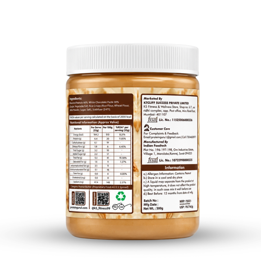 APK Nutrition 500g White Chocolate Crispy Peanut Butter jar featuring dark chocolate chunks, whole peanuts, a 19% protein claim, and a family enjoying healthy snacks.