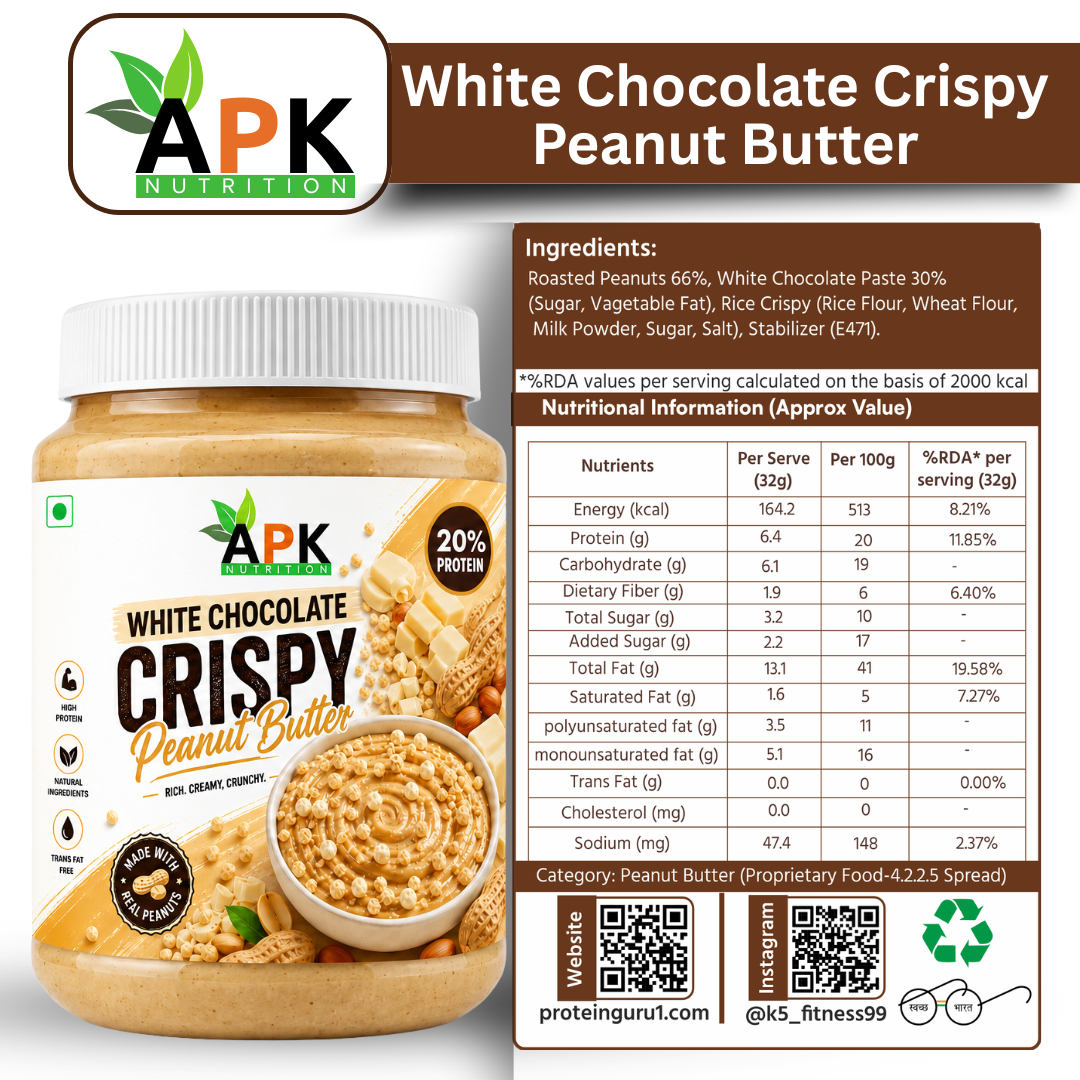 APK Nutrition 100g White Chocolate Crispy Peanut Butter jar label showing nutritional facts, ingredients, and a bowl of crunchy peanut butter with white chocolate chunks.