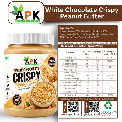 APK Nutrition 100g White Chocolate Crispy Peanut Butter jar label showing nutritional facts, ingredients, and a bowl of crunchy peanut butter with white chocolate chunks.