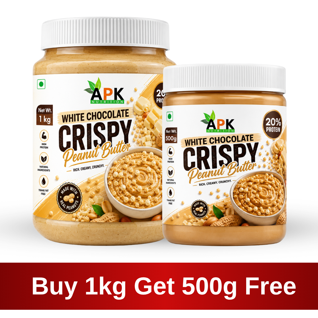 APK Nutrition 1kg White Chocolate Crispy Peanut Butter jar featuring dark chocolate chunks, whole peanuts, a 19% protein claim, and a family enjoying healthy snacks.