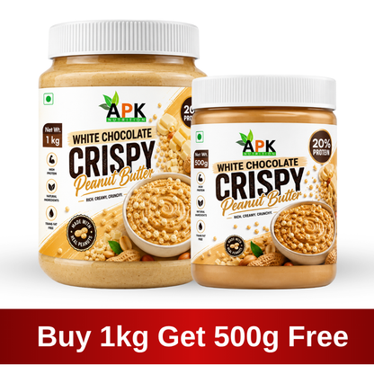 APK Nutrition 1kg White Chocolate Crispy Peanut Butter jar featuring dark chocolate chunks, whole peanuts, a 19% protein claim, and a family enjoying healthy snacks.