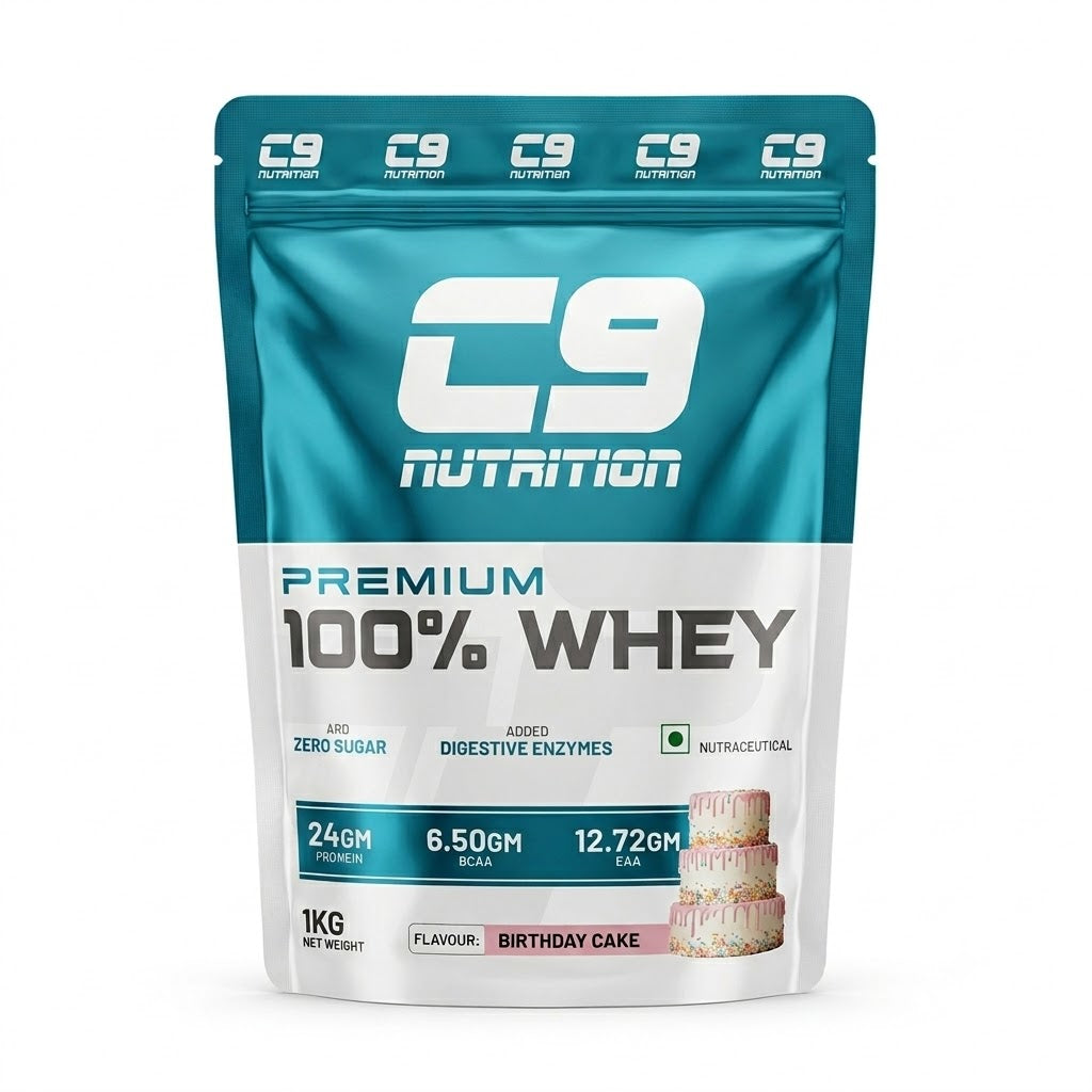 C9 Nutrition Premium 100% Whey Protein 1kg pack in festive Birthday Cake flavor