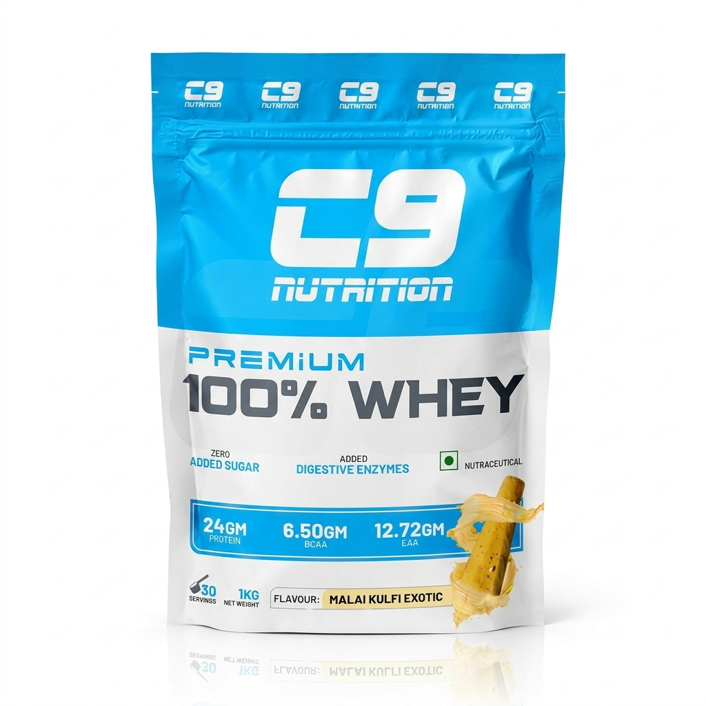 C9 Nutrition Premium 100% Whey Protein 1kg pack in traditional Malai Kulfi flavor