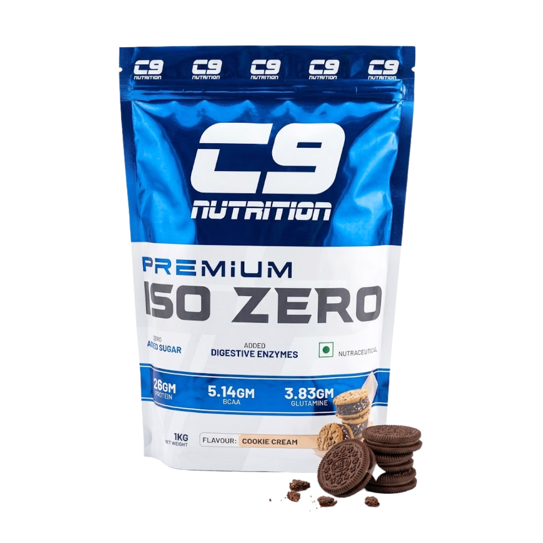 C9 Nutrition Premium ISO ZERO Whey Protein Isolate 1kg pouch in Cookies and Cream flavor