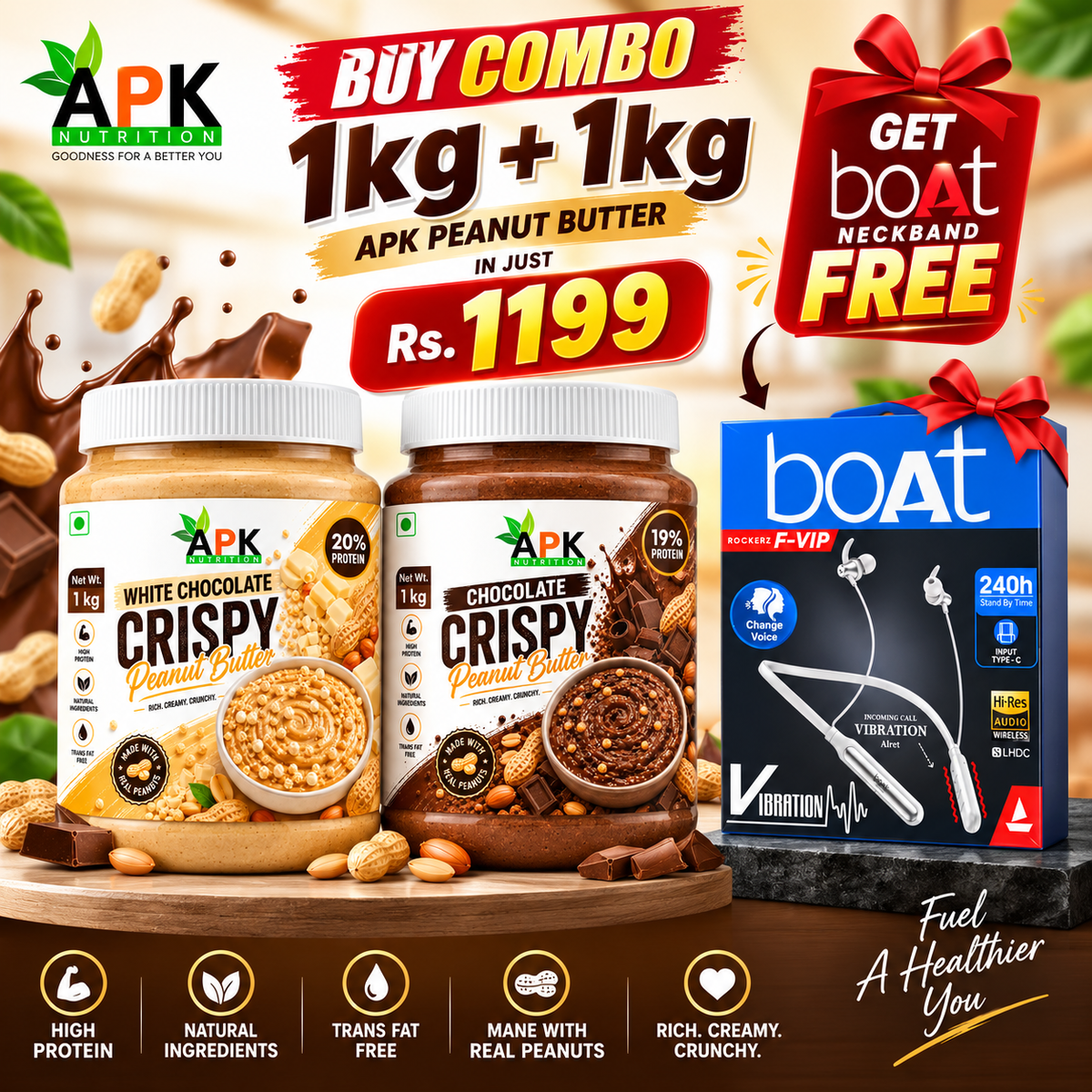 APK Nutrition Crispy Peanut Butter 2-Pack (1kg x 2) Free Boat Neckband Free