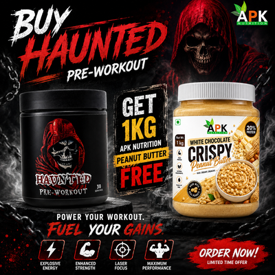 APK Nutrition 'Haunted Pre-Workout' promotional graphic featuring a black tub of pre-workout powder next to a jar of APK Nutrition White Chocolate Crispy Peanut Butter, with a central 'Get 1kg Peanut Butter Free' offer and a hooded skull graphic.