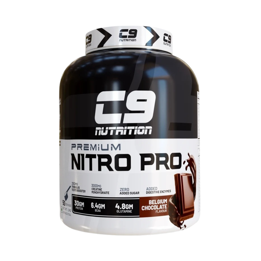 C9 Nutrition Premium Nitro Pro in chocolate flavor, featuring a black and white label with a chocolate splash graphic on a white background.