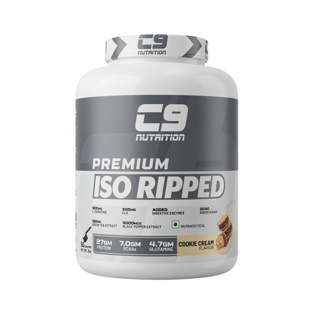 White tub of C9 Nutrition Premium ISO Ripped 2kg in Cookie Cream flavor showing fat-burning matrix ingredients
